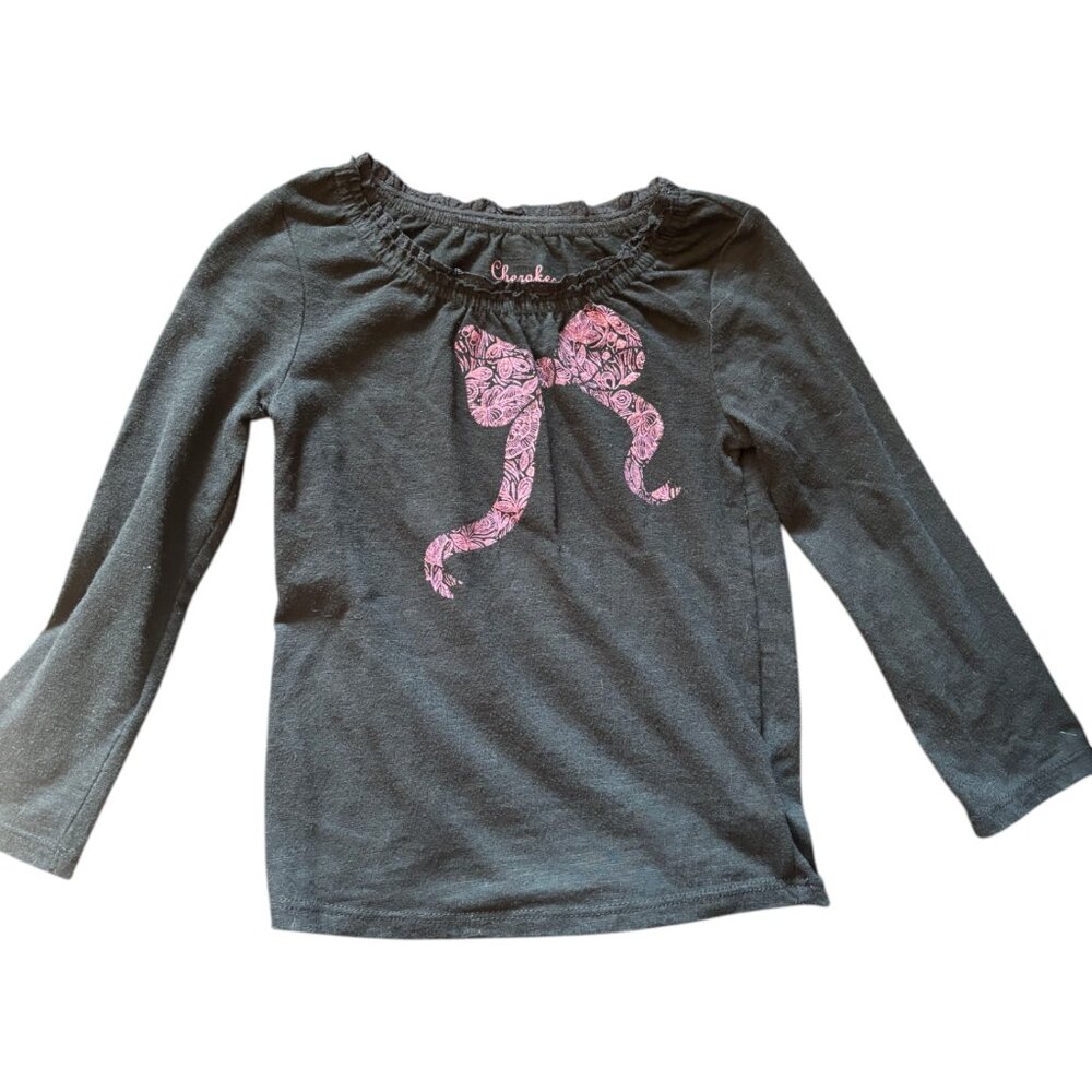 Cherokee girl's black w pink bow print ruffle neck long sleeve tee shirt  sz‎ 3t